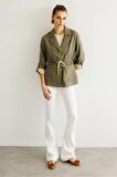 Kadın Beli Bağlamalı %100 Pamuk Ceket Haki