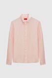 Slim Fit Pembe Düğmeli Yaka %100 Pamuk Yazlık Flamlı Keten Görünümlü Gömlek 6HC02ORT63265