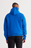 Erkek Mavi Oversize Fit Bol Kesim Kapüşonlu Içi Polarlı 3 Iplik Pamuklu Sweatshirt