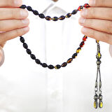 1000 Ayar Gümüş Kazaz Püsküllü Arpa Kesim Süzme Bala-Siyah Ateş Kehribar Tesbih