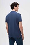 D'S Damat Regular Fit İndigo Pike Dokulu %100 Pamuk Kıvrılmaz Polo Yaka Nakışlı T-Shirt 4HC14ORT51000