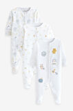 Next Baby % 100 Pamuklu Beyaz Hayvan Desenli 3’lü Tulum Set