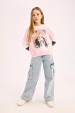 Kız Çocuk Relax Fit Bisiklet Yaka Baskılı Sweatshirt
