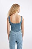 DeFacto Kalın Askılı Fermuarlı Crop Korse Jean Bluz C3335AX24HSNM39
