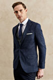 Erkek Lacivert Slim Fit Dar Kesim Mono Yaka Desenli Yelekli Takım Elbise