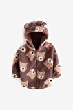 Kahverengi Borg Ayıcık Desenli Fermuarlı Kapüşonlu Ceket/Mont