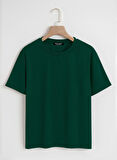 Unisex Oversize Bisiklet Yaka Düz Basic T-Shirt - KOYU YEŞİL
