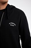 DeFacto Siyah Relax Fit Kapüşonlu Waffle Baskılı Cepli Fermuarlı Sweatshirt D2629AX24AUBK81