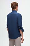 Slim Fit İndigo Oxford Düğmeli Yaka Kolay Ütülenebilir Nakış Detaylı Pamuklu Gömlek 4HC02ORT03265