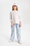 DeFacto Kız Çocuk Relax Fit Bisiklet Yaka Çizgili Sweatshirt B7378A824SPPN426