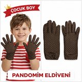 Çocuk Boy Pandomim Eldiveni Beyaz Puantiyeli Kahve Renk Gösteri Eldiveni 23 Nisan 19 Mayıs