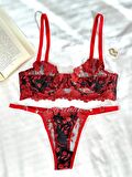 Dark Love Balenli Brode İç Çamaşırı Takımı Kırmızı Siyah