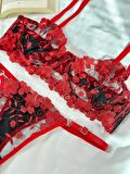 Dark Love Balenli Brode İç Çamaşırı Takımı Kırmızı Siyah