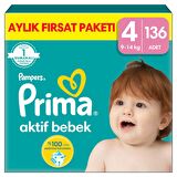 Prima Bebek Bezi Aktif Bebek 4 Beden 136'lı Aylık Fırsat Paketi