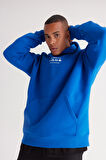 Erkek Mavi Oversize Fit Bol Kesim Kapüşonlu Içi Polarlı 3 Iplik Pamuklu Sweatshirt