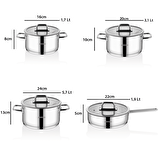 Nova 8 Parça Paslanmaz Çelik Cam Kapaklı Tencere Tava Seti 