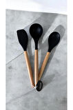 3 Lü Set Hakiki Bambu Saplı Silikon Kaşık Kepçe Spatula Seti
