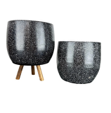 Ev Dekorasyon Aksesuar Siyah Granit Toprak Saksı Saksılık Salon Çiçeklik İkili Set Ayaksız - 3 Ayaklı- 19 CM