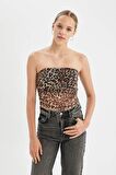 DeFacto Leopar Desenli Straplez Tül Bluz D4792AX24AUBK81