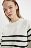 DeFacto Coool Oversize Geniş Kalıp Bisiklet Yaka Çizgili Kalın Sweatshirt C8193AX24WNWT32