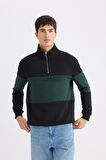 DeFacto Comfort Regular Fit Rahat Kalıp Dik Yaka Fermuarlı Çizgili Kalın Sweatshirt D2401AX24AUBK34