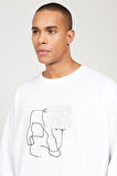 Erkek Beyaz Oversize Bol Kesim Bisiklet Yaka Baskılı Rahat Sweatshirt