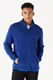 Erkek Saks Mavi Anti-pilling Tüylenme Yapmayan Standart Fit Bato Yaka Sweatshirt Polar Ceket
