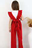 Kız Çocuk Berlin Kırmızı Pamuklu Fırfırlı Bağlama Detaylı Tulum
