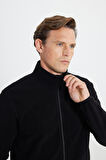 Erkek Siyah Anti-pilling Tüylenme Yapmayan Standart Fit Bato Yaka Sweatshirt Polar Ceket