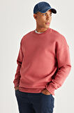 Erkek Mercan Oversize Bol Kesim Içi Polarlı 3 Iplik Bisiklet Yaka Pamuklu Sweatshirt
