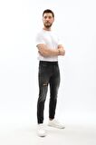 Erkek Slim Fit Yırtık Detay Antrasit Jean Pantolon
