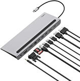 USB-C Hub, 11'i 1 arada Çoklu Bağlantı Noktalı Adaptör Yuvası, 4K HDMI, DisplayPort, VGA, USB-C ve 100W, Bağlı Cihazdan Şarj Etmek İçin, 3x USB A, Gigabit Ethernet, SD, MicroSD, 3,5 mm Jak