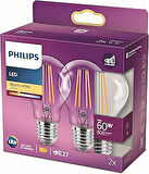 Philips Led Classic 60W A60 Filament Ampul, 2700 Sarı Işık, E27 Normal Duy, Dim Edilmez 2'Li Ekopake