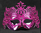 Metalik Fuşya Pembe Renk Masquerade Simli Parti Maskesi 23x14 cm