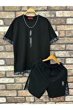 Erkek Dikey Baskılı Oversize T-shirt Şort