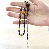 925 Ayar Gümüş Püsküllü Arpa Kesim Bala-Siyah Ateş Kehribar Tesbih