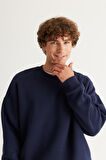 Erkek Lacivert Oversize Fit Bol Kesim Pamuklu Içi Polarlı 3 Iplik Bisiklet Yaka Sweatshirt