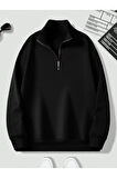 Unisex Dik Yaka Yarım Fermuarlı Oversize Sweatshirt