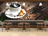 Fincan ve Kahve Çekirdeği Temalı Cafe Duvar Kağıdı Baskı