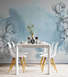 Mavi Zemin ve Siyah Çiçek Çizim Desenli Duvar Kağıdı