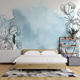 Mavi Zemin ve Siyah Çiçek Çizim Desenli Duvar Kağıdı