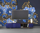 Mavi Çiçek Desenli Duvar Kağıdı