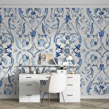 Mavi Çiçek Boyama Çizim Desenli Duvar Kağıdı