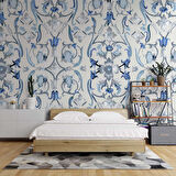 Mavi Çiçek Boyama Çizim Desenli Duvar Kağıdı