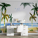 Tropikal Suluboya Çizim Manzaralı Duvar Kağıdı