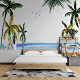 Tropikal Suluboya Çizim Manzaralı Duvar Kağıdı