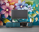 3 Boyutlu Rengarenk Çiçek Temalı Duvar Kağıdı