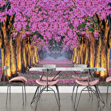 Pembe Çiçekli Ağaç Manzaralı Duvar Kağıdı