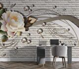 3 Boyutlu Tuğla Duvar Üstünde Gül Desenli Duvar Kağıdı Baskı