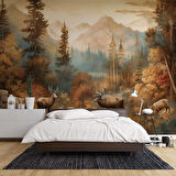 Sonbahar Suluboya Çizim Orman ve Geyik Manzaralı Duvar Kağıdı